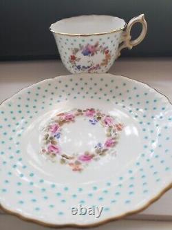 Antique MINTONS Demitasse Porcelain Cups PINK ROSES Turquoise Enamel Dots #2of3