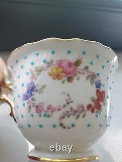 Antique MINTONS Demitasse Porcelain Cups PINK ROSES Turquoise Enamel Dots #3of3