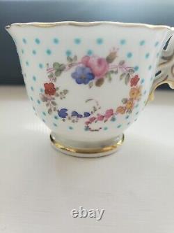 Antique MINTONS Demitasse Porcelain Cups PINK ROSES Turquoise Enamel Dots #3of3