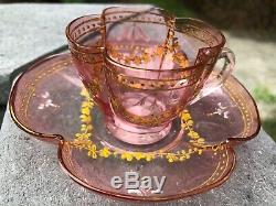 Antique MOSER Cranberry Glass Demitasse Cup & Saucer Hand-Painted withGold Gilding