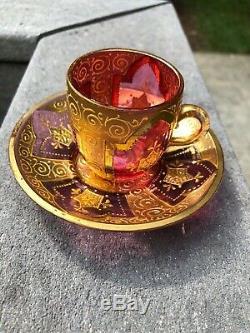 Antique MOSER Cranberry withGold Gilding Demitasse Cup & Saucer