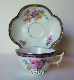 Antique Meissen Demitasse Cup & Saucer- Cobalt Trim with Flowers Germany