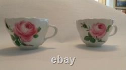 Antique Meissen Demitasse Tea Cups Pink Roses Split Handle, Bowls, and Saucers