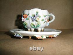 Antique Meissen Dresden Style Encrusted Floral Insects Demitasse Cup And Saucer