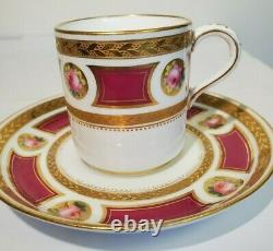 Antique Minton Demitasse Cup Saucer Hand Painted Pink Roses Gold Encrusted 1865