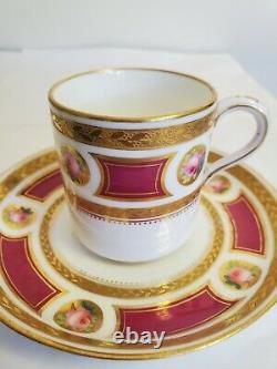 Antique Minton Demitasse Cup Saucer Hand Painted Pink Roses Gold Encrusted 1865