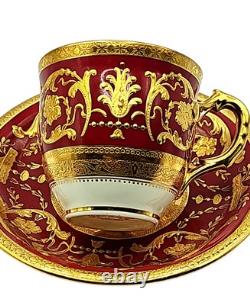 Antique Minton England Crimson Red Gold Encrusted Demitasse Cup & Saucer Perfect