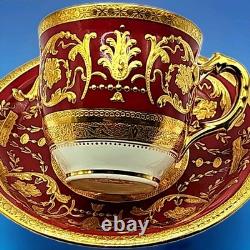 Antique Minton England Crimson Red Gold Encrusted Demitasse Cup & Saucer Perfect