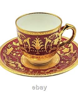Antique Minton England Crimson Red Gold Encrusted Demitasse Cup & Saucer Perfect
