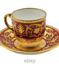 Antique Minton England Crimson Red Gold Encrusted Demitasse Cup & Saucer Perfect