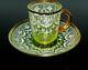 Antique Mose Vaseline Green Glass Guilt Trim White Lace Demitasse Cp And Saucer