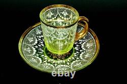 Antique Mose Vaseline Green Glass Guilt Trim White Lace Demitasse Cp and Saucer