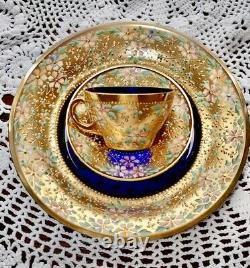 Antique Moser Enameled Glass 5 Piece Demitasse Cup Saucer and Plates 1880s RARE