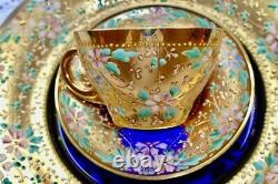 Antique Moser Enameled Glass 5 Piece Demitasse Cup Saucer and Plates 1880s RARE