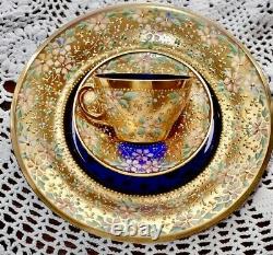 Antique Moser Enameled Glass 5 Piece Demitasse Cup Saucer and Plates 1880s RARE