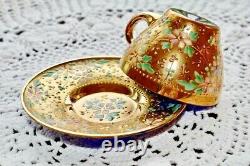 Antique Moser Enameled Glass 5 Piece Demitasse Cup Saucer and Plates 1880s RARE