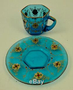 Antique Moser Glass Demitasse Cup & Saucer, Jeweled, Blue