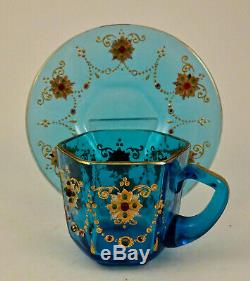 Antique Moser Glass Demitasse Cup & Saucer, Jeweled, Blue
