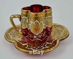Antique Moser Glass Demitasse Cup & Saucer, Ruby