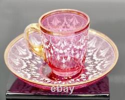 Antique Moser Ruby Gold Trim White Lace Demitasse Cup and Saucer Simple Elegance