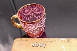 Antique Moser Ruby Gold Trim White Lace Demitasse Cup and Saucer Simple Elegance
