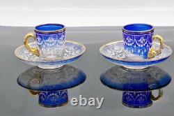 Antique Moser Two Blue Gold Trim White Lace Demitasse Cup and Saucer Precious