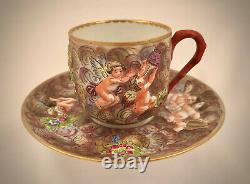 Antique Naples Capodimonte Demitasse Cup & Saucer, Cherubs