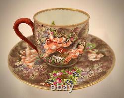 Antique Naples Capodimonte Demitasse Cup & Saucer, Cherubs