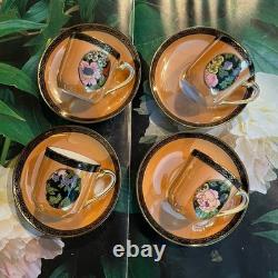 Antique Noritake Luster Ware Hand Painted Floral Demitasse 4 Sets Cups & Saucers