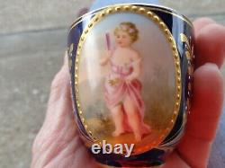 Antique Painted Cherub Royal Vienna Beehive Cabinet Demitasse Cobalt Cup Saucer