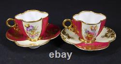 Antique Pair Dresden Courting Couple Floral Demitasse Cups & Saucers w Gold Trim