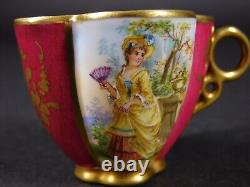 Antique Pair Dresden Courting Couple Floral Demitasse Cups & Saucers w Gold Trim