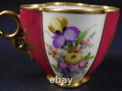 Antique Pair Dresden Courting Couple Floral Demitasse Cups & Saucers w Gold Trim