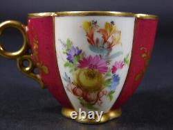 Antique Pair Dresden Courting Couple Floral Demitasse Cups & Saucers w Gold Trim