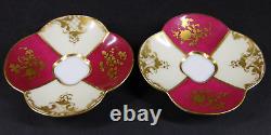 Antique Pair Dresden Courting Couple Floral Demitasse Cups & Saucers w Gold Trim