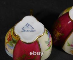 Antique Pair Dresden Courting Couple Floral Demitasse Cups & Saucers w Gold Trim