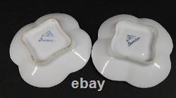 Antique Pair Dresden Courting Couple Floral Demitasse Cups & Saucers w Gold Trim