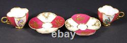 Antique Pair Dresden Courting Couple Floral Demitasse Cups & Saucers w Gold Trim