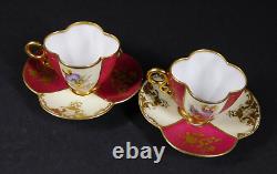 Antique Pair Dresden Courting Couple Floral Demitasse Cups & Saucers w Gold Trim