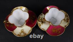 Antique Pair Dresden Courting Couple Floral Demitasse Cups & Saucers w Gold Trim