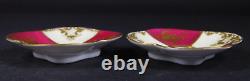 Antique Pair Dresden Courting Couple Floral Demitasse Cups & Saucers w Gold Trim