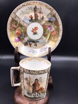 Antique Pair Dresden/Meissen Style Demitasse. Kauffahrtei Scenes. Cups & Saucers