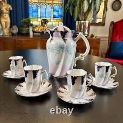 Antique Porcelain Demi Tasse Cups & Saucers Chocolate Pot Pink +Blue Flowers Vtg