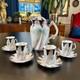 Antique Porcelain Demi Tasse Cups & Saucers Chocolate Pot Pink +blue Flowers Vtg