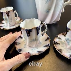 Antique Porcelain Demi Tasse Cups & Saucers Chocolate Pot Pink +Blue Flowers Vtg