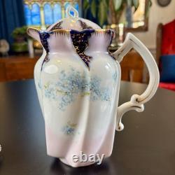 Antique Porcelain Demi Tasse Cups & Saucers Chocolate Pot Pink +Blue Flowers Vtg