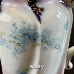 Antique Porcelain Demi Tasse Cups & Saucers Chocolate Pot Pink +Blue Flowers Vtg