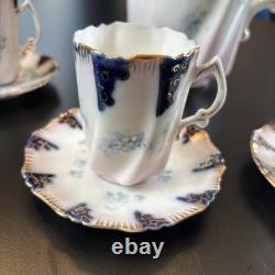 Antique Porcelain Demi Tasse Cups & Saucers Chocolate Pot Pink +Blue Flowers Vtg