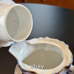 Antique Porcelain Demi Tasse Cups & Saucers Chocolate Pot Pink +Blue Flowers Vtg