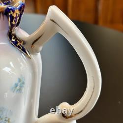Antique Porcelain Demi Tasse Cups & Saucers Chocolate Pot Pink +Blue Flowers Vtg
